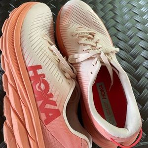 Womens Hoka running shoes/light orange peach I’m color